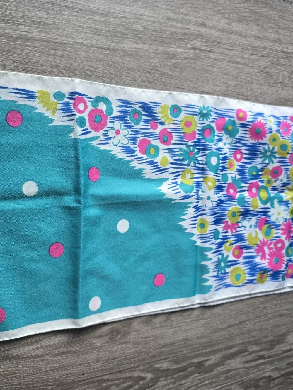 Vintage Mod Floral Scarf Long Oblong Blue Pink Polka Dot Flower Power Italy